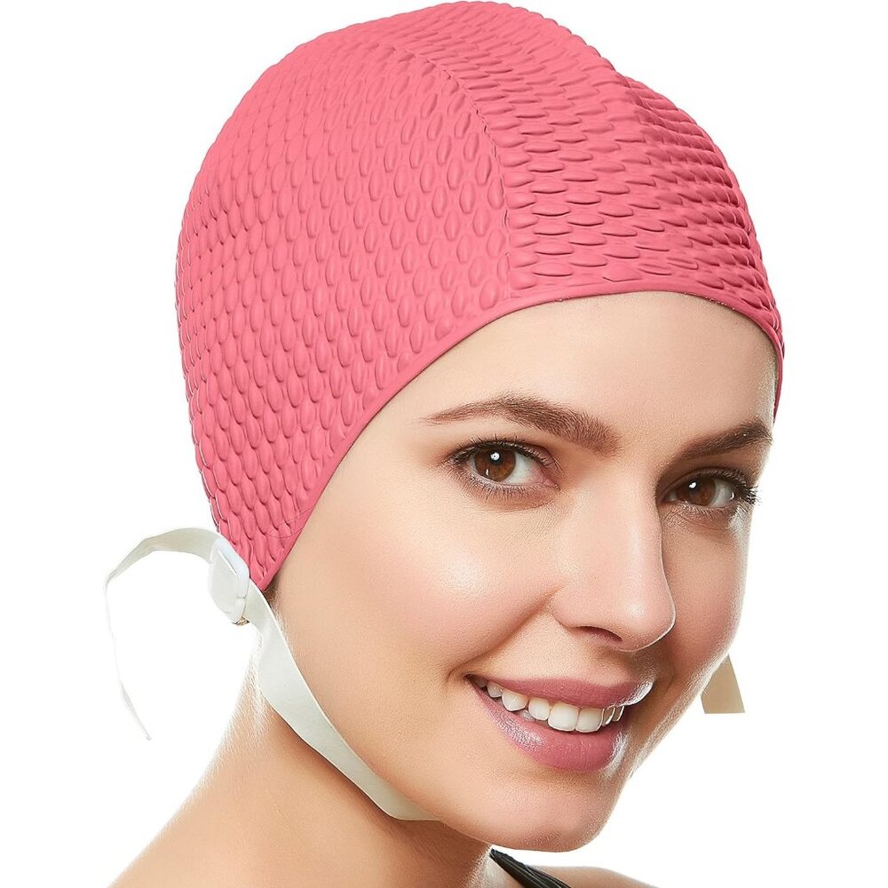 Beemo Swim Cap Women Chin Strap Bubble Crepe Latex Long Short Hair - Pastel Pink
